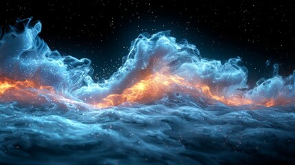 a large body of water with a lot of orange and blue fire coming out of the top of it's sides. - obrazy, fototapety, plakaty