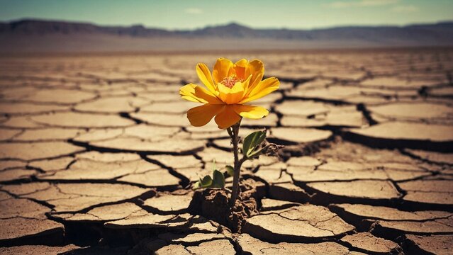 A cracked and parched earth with a single wilting flower struggling to survive.
