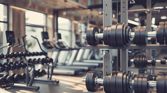 Modern gym. Sports equipment in gym. Barbells of different weight on rack.