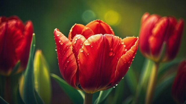 A close-up photo of a vibrant red tulip with a single morning dewdrop glistening on its petal.