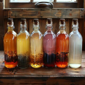 A flat lay composition featuring delicious kombucha stored in glass bottles arranged neatly on a wooden table. 