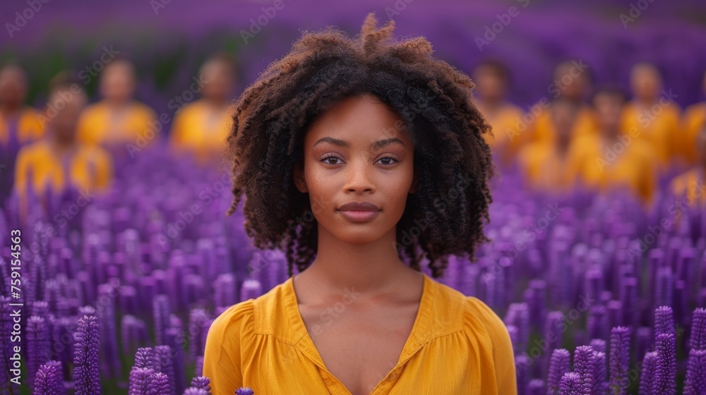 Sticker a woman standing in front of a field of purple flowers with other women in the background in the background is a field of purple flowers.