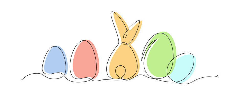 recommend clip art: Happy easter banner with easter bunny silhouette and eggs in line art style. Continuous one line vector illustration isolated on white background. Editable stroke. template for greeting card, banner