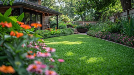A family garden with a lush lawn area, featuring a DIY compost and fertilizer station alongside a flower bed of seasonal blooms, demonstrating effective lawn care and garden fertilization techniques - obrazy, fototapety, plakaty