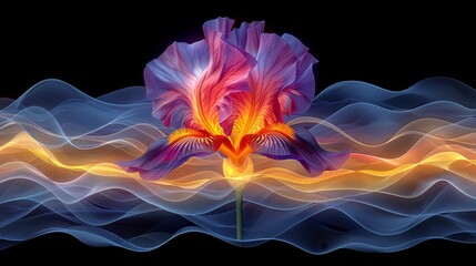 a purple flower with a yellow center surrounded by waves of blue and yellow smoke on a black background with a black background.