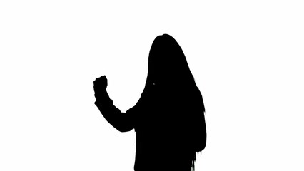 Female reporter black silhouette on white background with alpha channel. African American woman...