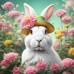A whimsical white rabbit wearing a yellow straw hat adorned with a pink flower sits among a field of blooming pink and yellow flowers
