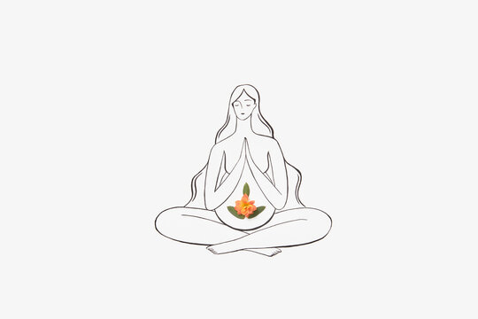 Fresh flower on pregnant belly of sketched meditating woman