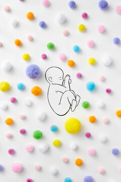 Colorful pom poms scattered around hand drawn sleeping baby