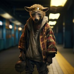 Hyena walking in a subway