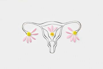 Lines drawing of female reproductive system decorated with flowers