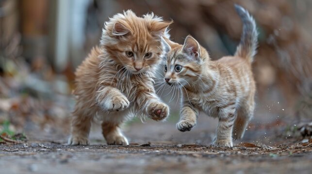 A cat and a dog playfully wrestling in the backyard, their movements a dance of friendship and fun