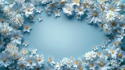 a bunch of white flowers are arranged in the shape of a circle on a blue background with a place for a text.