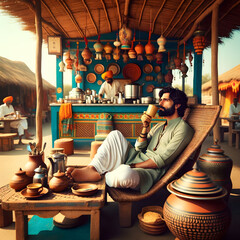 Eastern man having tea at a stall - obrazy, fototapety, plakaty