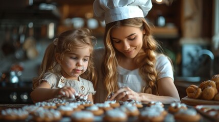 A focused little girl with a chef's hat, earnestly decorating cookies with colorful icing, her mother guiding her hand gently  - obrazy, fototapety, plakaty
