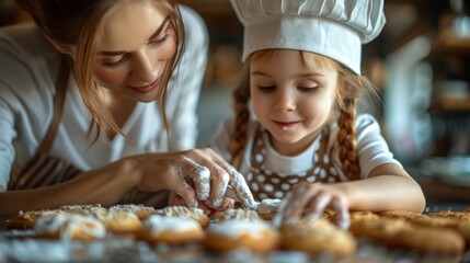 A focused little girl with a chef's hat, earnestly decorating cookies with colorful icing, her mother guiding her hand gently 