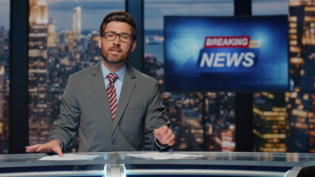 Cable channel anchor saying goodbye studio closeup. Man ending evening newscast