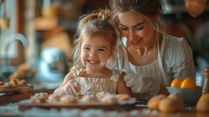 A cozy kitchen scene where a young girl giggles while showing her mother a cookie she's shaped like a heart, their bond evident in their shared activity - obrazy, fototapety, plakaty