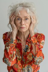 Portrait of an elderly woman holding her head