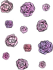 Seamless pattern featuring watercolor-style roses in varying shades of pink, purple, and red.