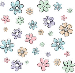 Seamless whimsical pattern featuring a variety of pastel flowers in different colors, shapes, and sizes.