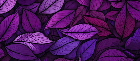 Abstract seamless leaf pattern on purple background with black outlines.