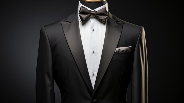 A tuxedo with a sleek bow tie elegantly styled on a mannequin