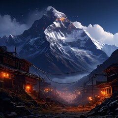 Serene painting capturing majestic Nepal mountain, pagoda in background, exuding sense of peace, tranquility. Meditation, mindfulness materials. Interior decor in spaces aiming for peaceful ambiance.
