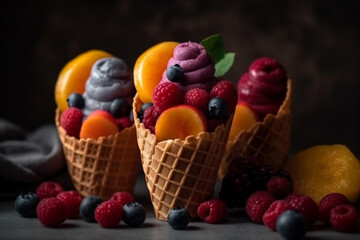 Wafer rolls with fresh berries and fruits, the concept of natural fruit ice cream.