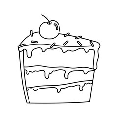 Coloring page with a piece of birthday cake. Black and white doodle pie. Isolated on white.