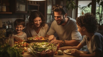 A diverse group of people enjoying a meal together around a table filled with delicious food