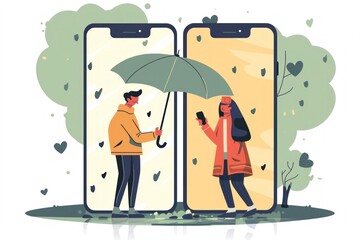 two people holding an umbrella on a phone in front of each other
