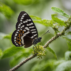 Obraz premium Black and White Butterfly Resting on a Tree Branch