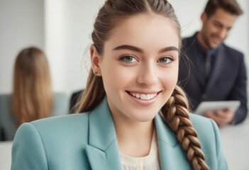 A businesswoman with a bright smile looks over her shoulder in a corporate environment. The focus is on her engaging expression.