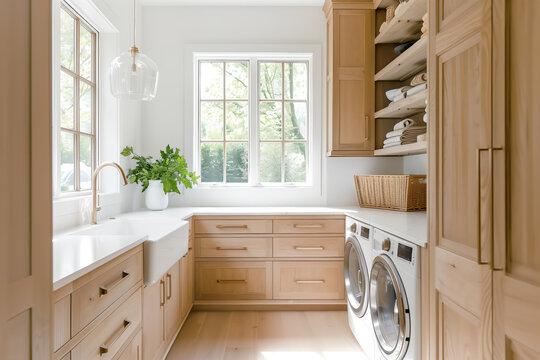 A beautiful modern farmhouse laundry room with white oak cabinets and shelves, a gold faucet and white apron sink, and white marble countertops.