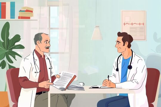 man looks at his notebook with a doctor sitting in front of him