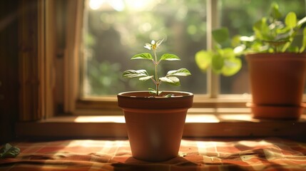 a small plant growing in a pot by a window