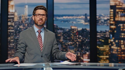 Anchorman ending tv news evening program closeup. Presenter talking television