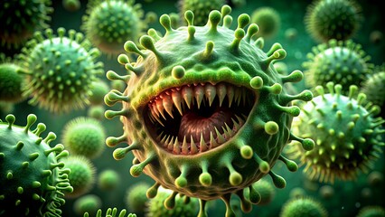 evil aggressive bacteria virus with jaws 3d illustration - obrazy, fototapety, plakaty