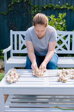 Tennaged girl plaiting garlic in a garden