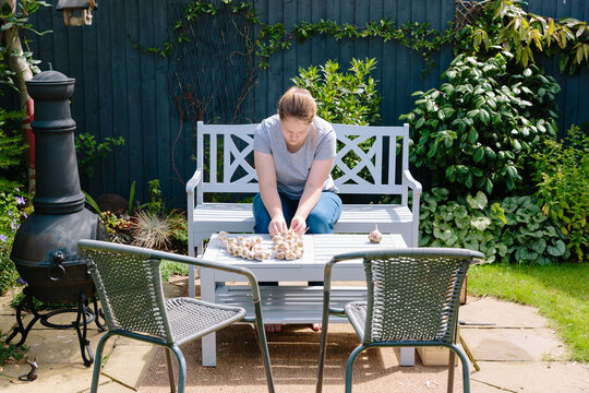 Girl in a garden plaiting garlic bulbs for traditional storage