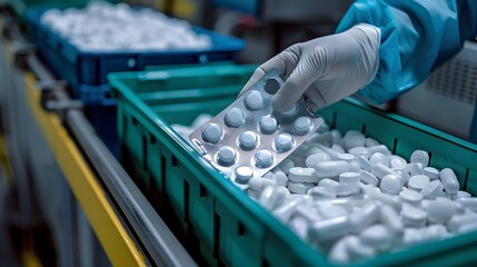 A person in white gloves is focused on a task, a hand in sanitary gloves is checking medical pills on a production line in a pharmaceutical factory, - obrazy, fototapety, plakaty