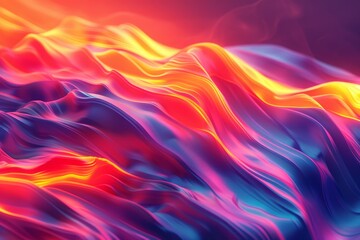 A colorful, abstract image of a pink and blue ocean with mountains in the background. The waves are wavy and the mountains are tall and jagged. Scene is one of serenity and tranquility