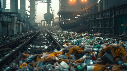 An industrial recycling facility conveyor belt loaded with mixed plastic waste - obrazy, fototapety, plakaty