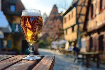 A glass of beer is sitting on a wooden table in front of a building. The scene is set in a city with a mix of old and new buildings. The atmosphere is relaxed and inviting. Oktoberfest Concept - obrazy, fototapety, plakaty