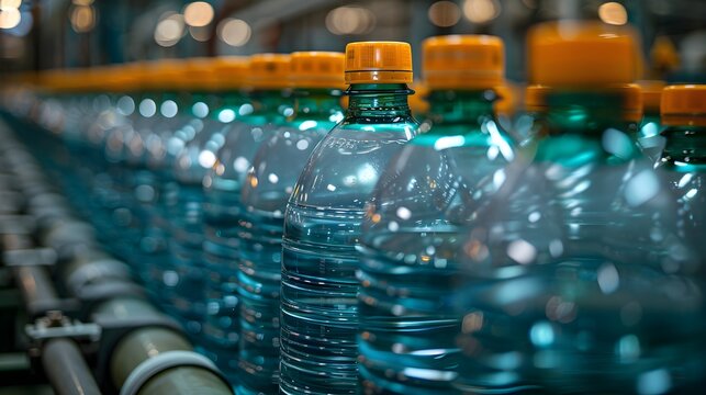 A row of blue bottles slides easily on a conveyor belt indoors, close-up of the bottles