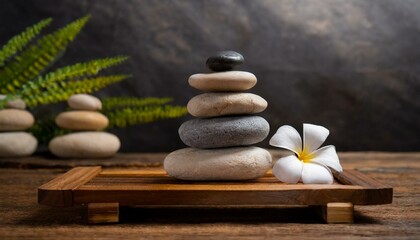  A stack of spa stones is neatly placed on top of a wooden table tray, set against a dark backdrop