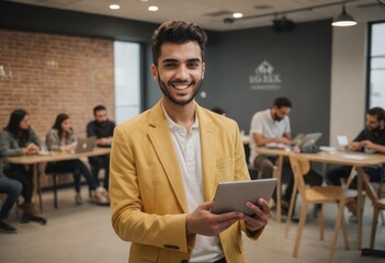 A cheerful professional uses a digital tablet in a co-working space. His bright yellow blazer and friendly demeanor make the atmosphere pleasant and productive.