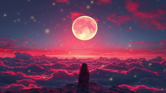 The girl watches the clouds and the bright moon from above. Loop animation