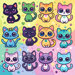 Fototapeta premium A set of cute cartoon cats, each designed with a kawaii flair, featuring different breeds and vibrant colors сreated with Generative Ai